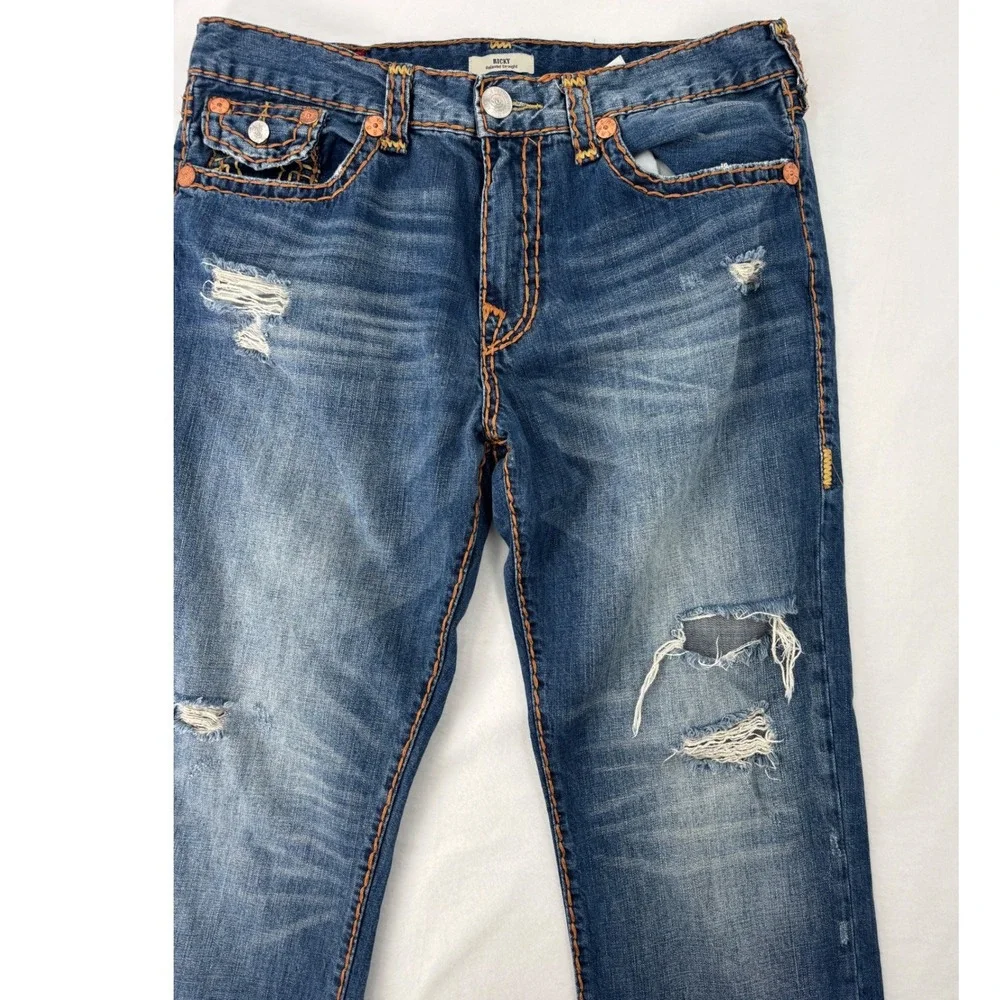 True‎ Religion Ricky Jeans Mens 36 Blue Distressed Relaxed Straight Big Stitch
